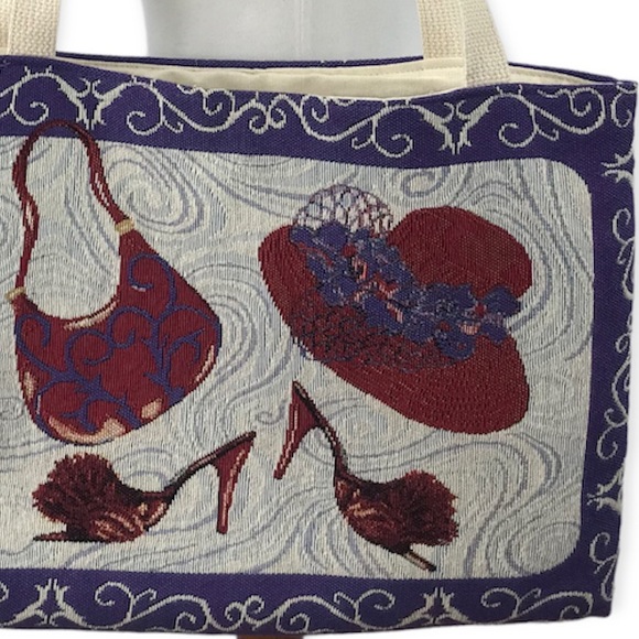 Ivory Purple and Red Hat Purse and Shoes Design Tapestry Canvas Tote Bag - Picture 7 of 12